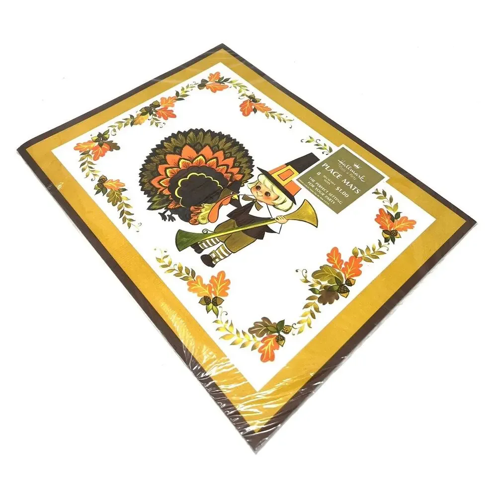 VTG 70s Thanksgiving 8 reusable Placemats Hallmark Plans-a-Party Big Eye Girl